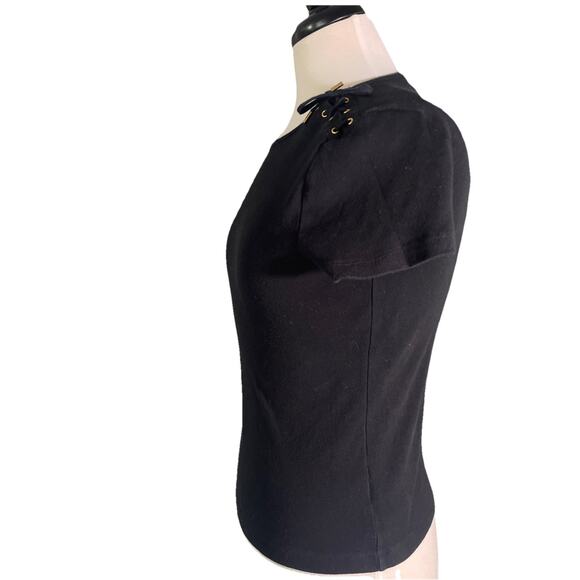 Lauren Ralph Lauren Women’s Tee Shirt Black Casual Gold Eyelet Tie Shoulder-SM - Picture 3 of 4